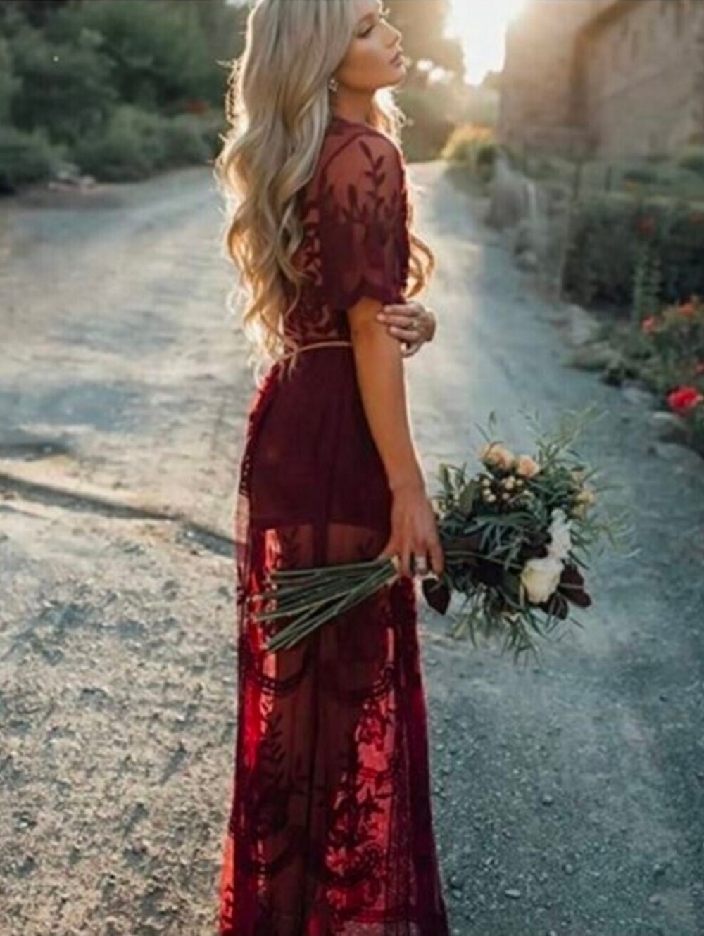 NWT Large Red Wine Merlot Lace Deep V Romper Maxi Dress